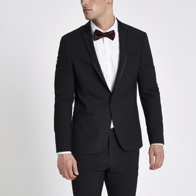 Black satin lapel skinny fit suit jacket