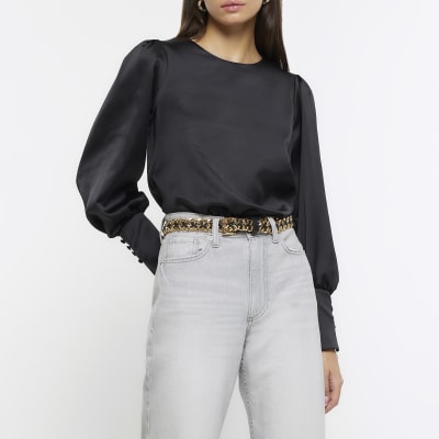 Black satin long sleeve blouse | River Island