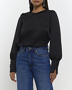 Black satin long sleeve blouse