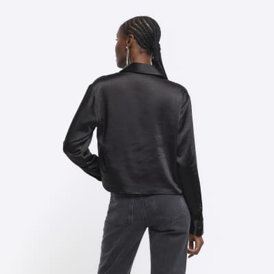 Black Satin Long Sleeve Crop Shirt River Island 