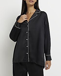 Black satin long sleeve pyjama top