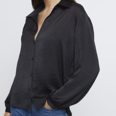 Black satin long sleeve shirt