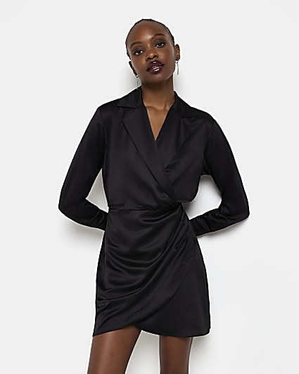 Black satin long sleeve wrap blazer dress