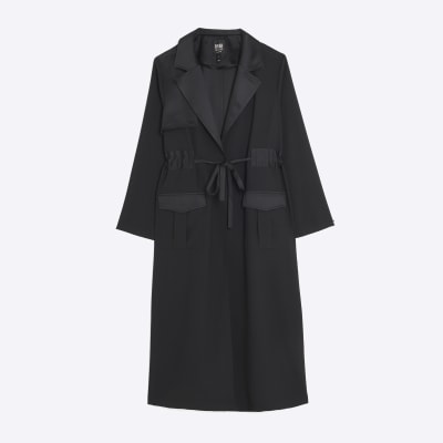 Black satin longline duster coat River Island