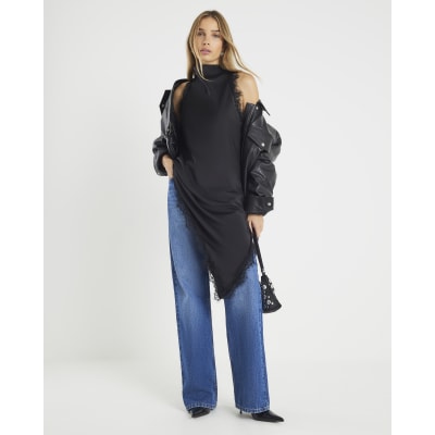 Black Satin Longline Lace Trim Top