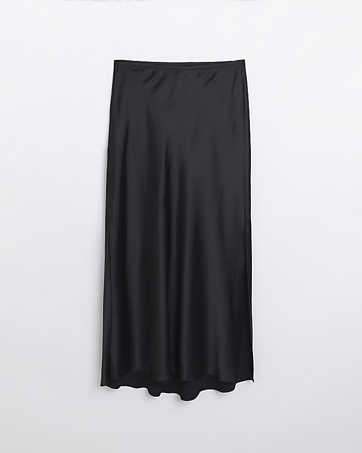 Black satin midi skirt
