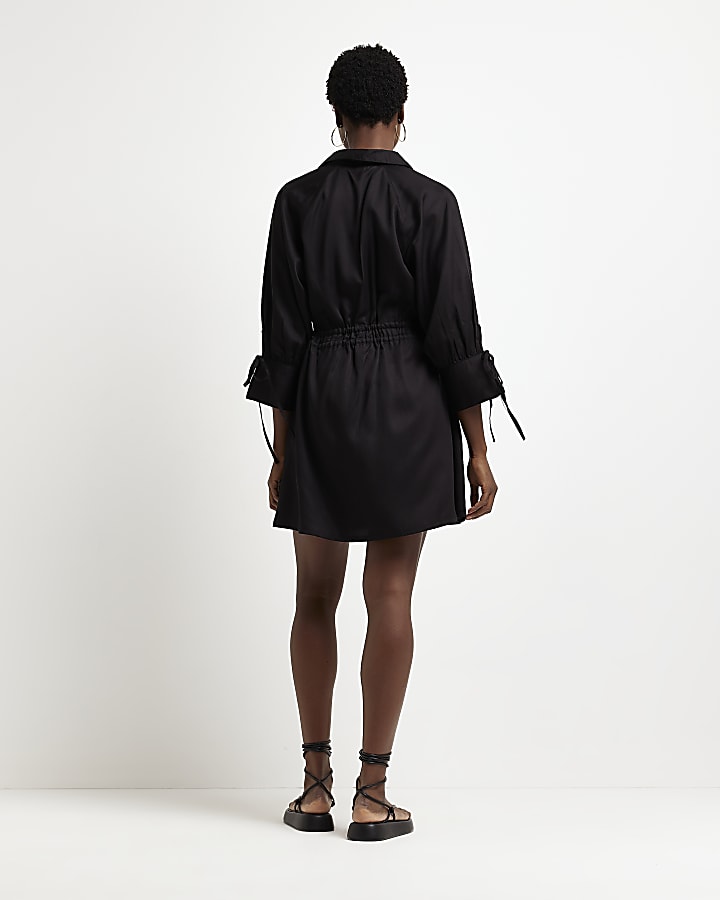 Black satin mini shirt dress