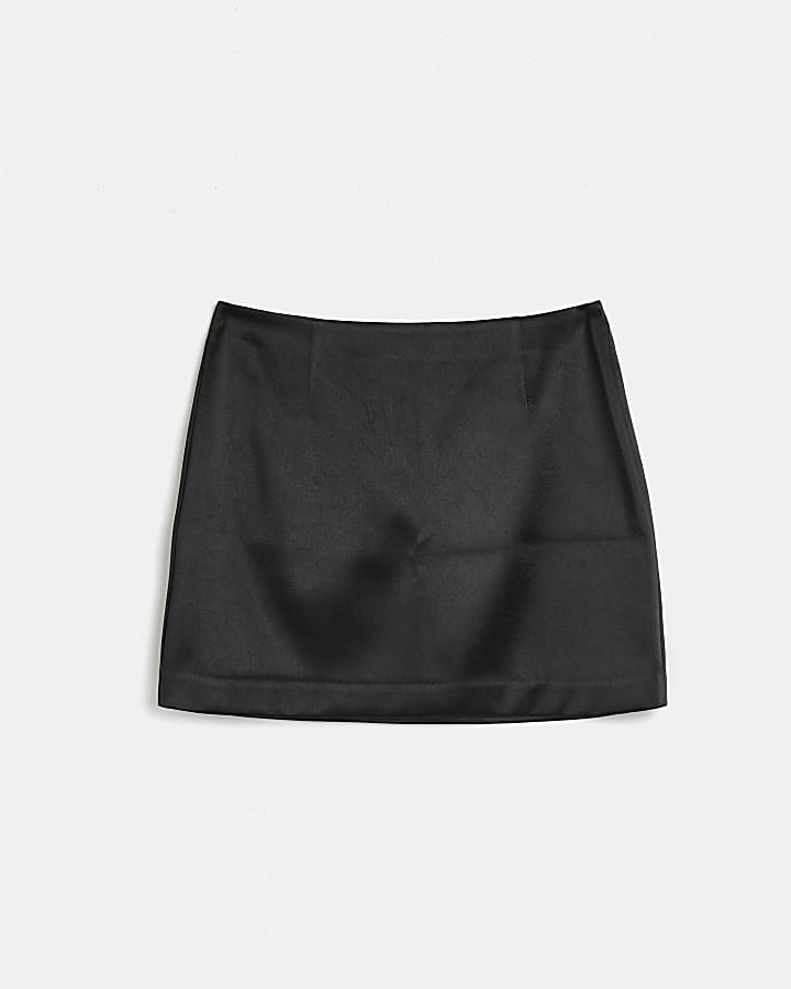 Black satin mini skirt