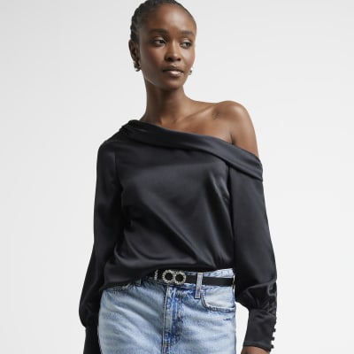 Black satin off shoulder blouse River Island