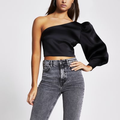 Black Satin One Shoulder Crop Top River Island