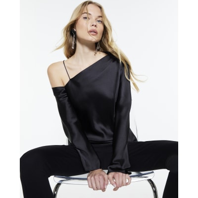 Black Satin One Shoulder Top
