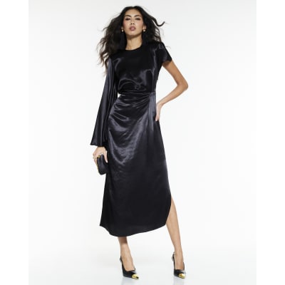 Black Satin One Sleeve Maxi Dress