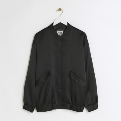 Black satin oversized bomber jacket | River Island