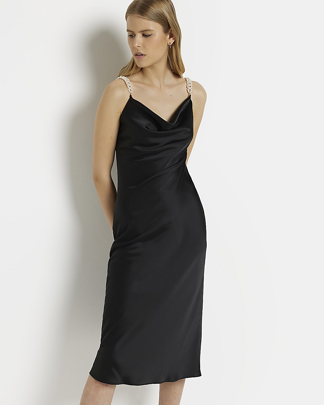 riverisland.com | Black Satin Pearl Slip Midi Dress