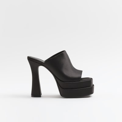 Black satin platform heeled mules | River Island