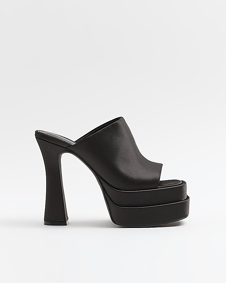 Black satin platform heeled mules