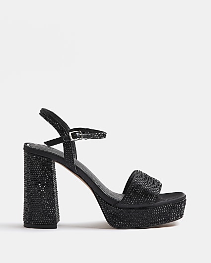 Black satin platform heeled sandals