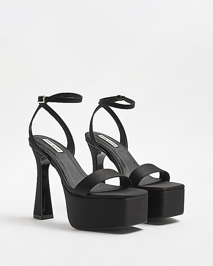 Black satin platform heels