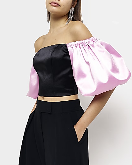 Black satin puff sleeve cropped top