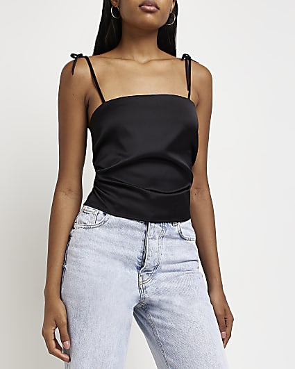 Black satin ruched cami top