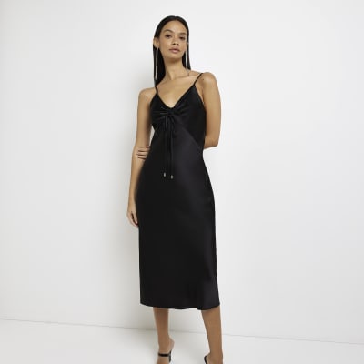 black satin midi slip dress