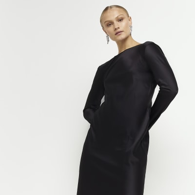 Black satin shift midi dress