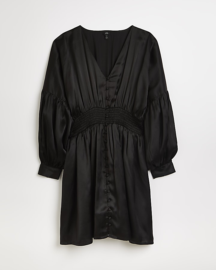Black satin shirred mini dress