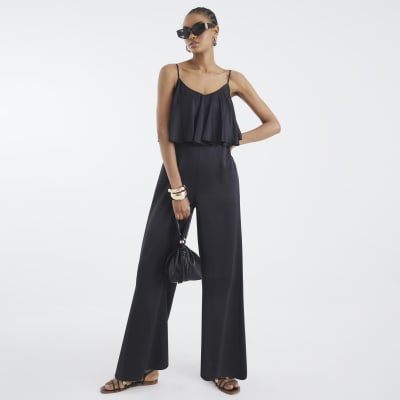 Black Satin Sleeveless Frill Jumpsuit