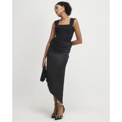 Black Satin Sleeveless Midi Dress