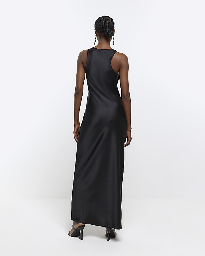 Black satin slip maxi dress