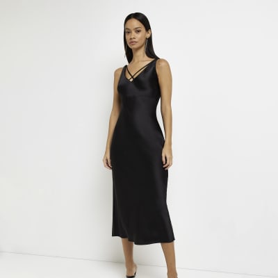 Black satin slip midi dress
