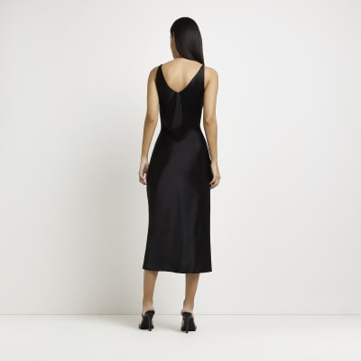 Black satin slip midi dress