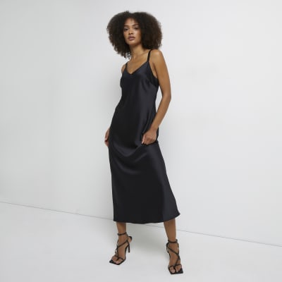 Black satin slip midi dress | River Island