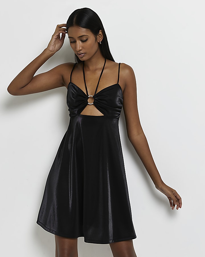 Black satin slip mini dress