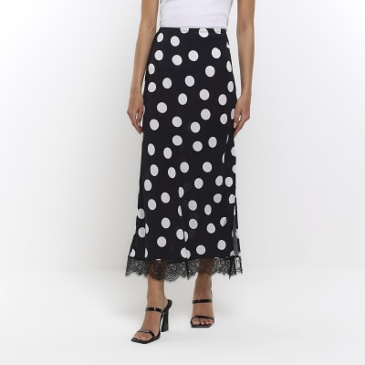 Black satin spot lace hem maxi skirt River Island