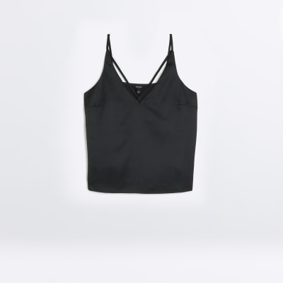 Black satin strap cami top River Island