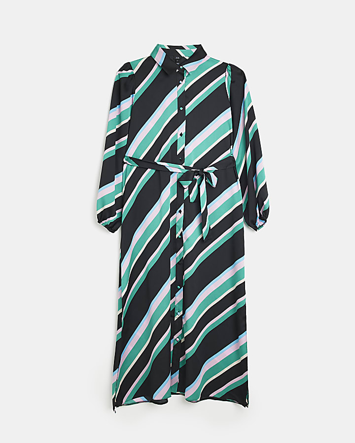 Black satin striped midi shirt dress