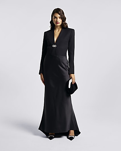 Black satin tailored maxi dress