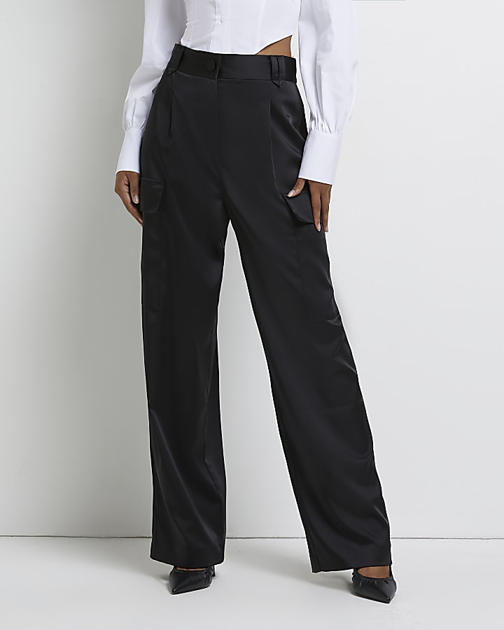Black satin tailored utility trousers