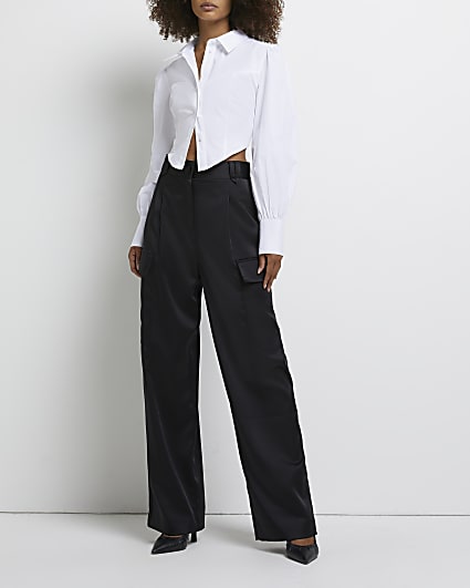 Black satin tailored utility trousers