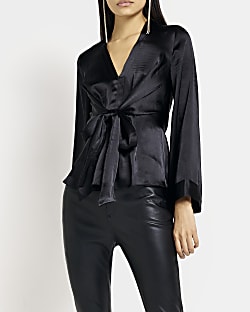 Black satin tie front blouse