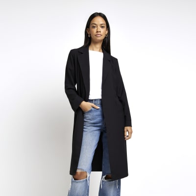 Black satin tie waist duster coat River Island