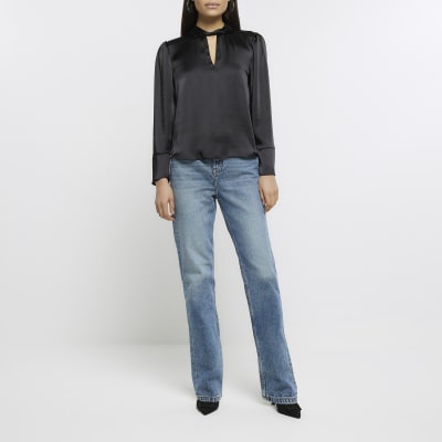 Black satin twist neck blouse | River Island