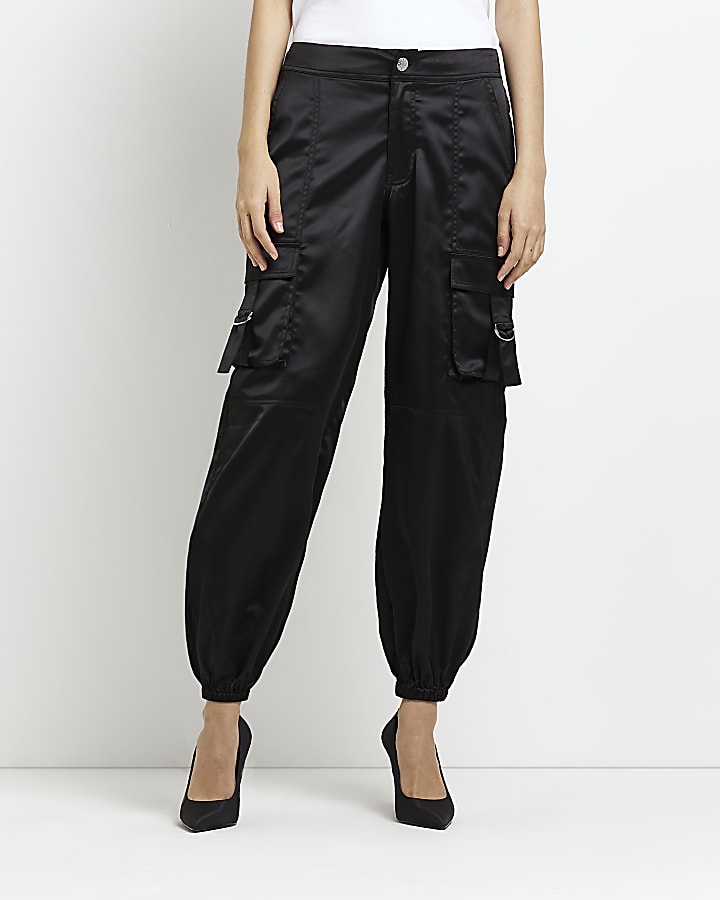 Black satin utility cargo trousers