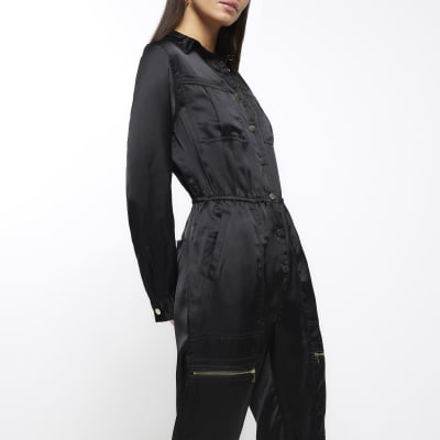 Black satin utility jumpsuit River Island