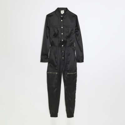Black satin utility jumpsuit River Island