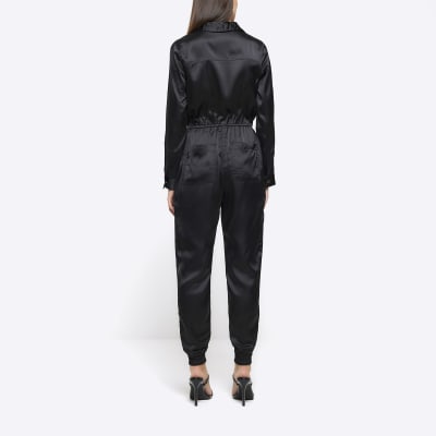 Black satin utility jumpsuit River Island