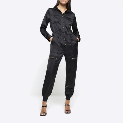 Black satin utility jumpsuit River Island