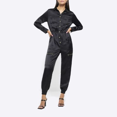 Black satin utility jumpsuit River Island