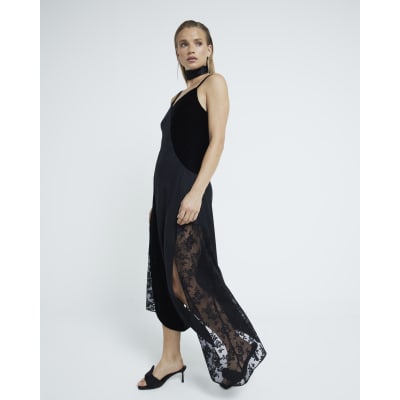 Black Satin Velvet And Lace Slip Dress | River Island